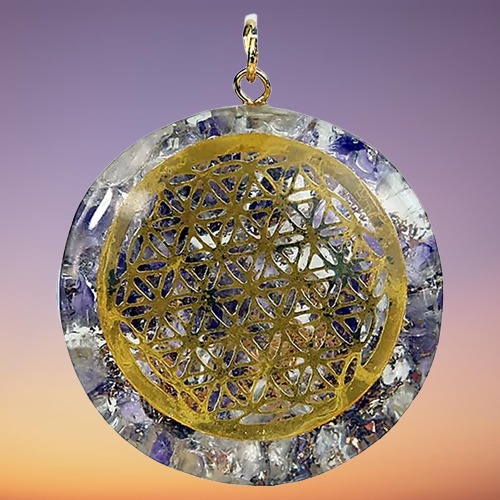 Colgante Orgonita de Amatista y Cristal de Roca con Flor de la Vida