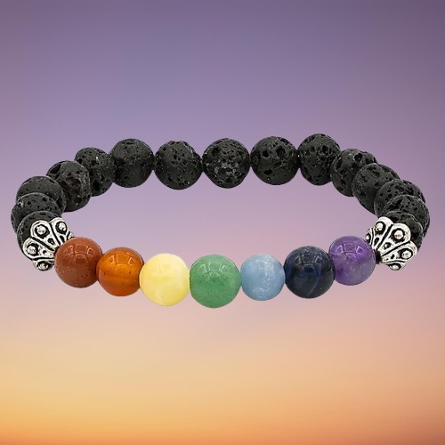 Pulsera Elástica de Piedras de lava con 7 Chakras