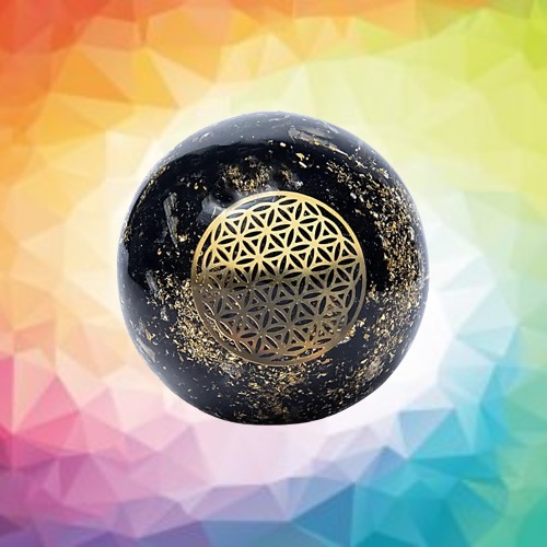 Esfera de Orgonita con Turmalina con Símbolo Flor de la Vida