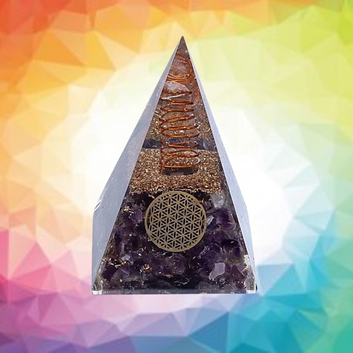 Obelisco de Orgonita de Amatista con Símbolo Flor de la Vida
