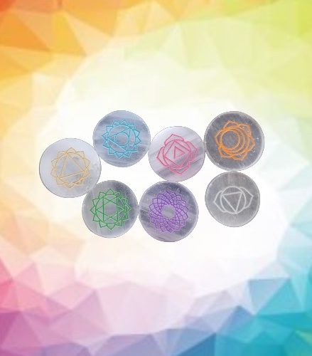 Juego de Selenita con Símbolos de los 7 Chakras