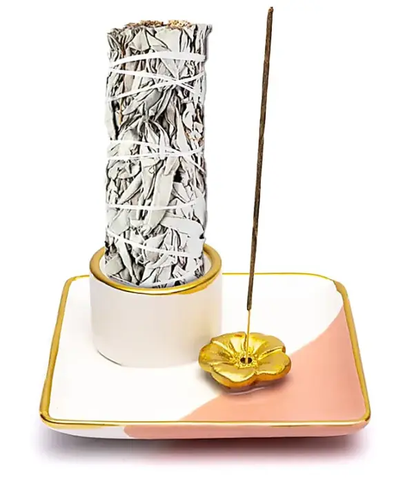 Quemador de cerámica con flor rosa/blanco/dorado Smudge y Incienso