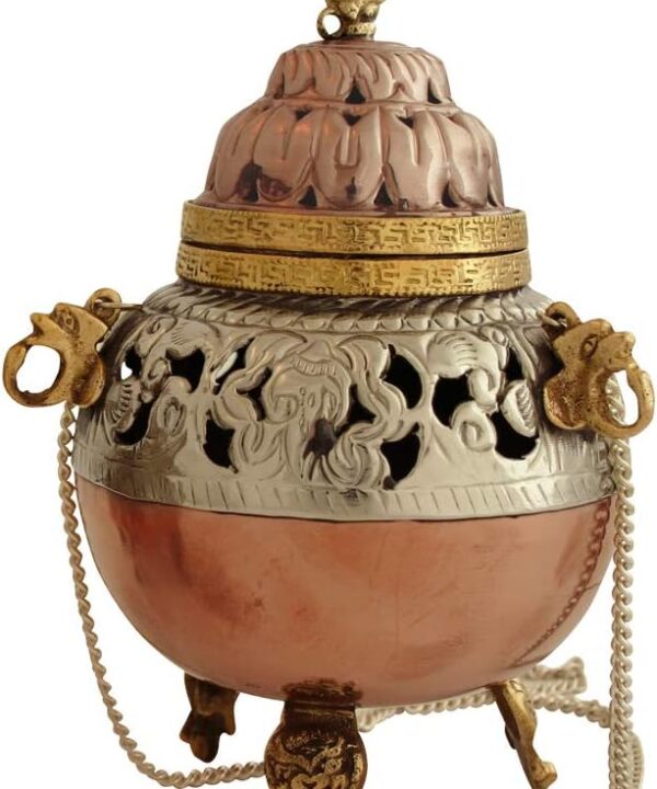 Bitto Incensario con Recipiente de Cobre - Metal Blanco SAMRA, alt: 13 cm, Ø 9 cm