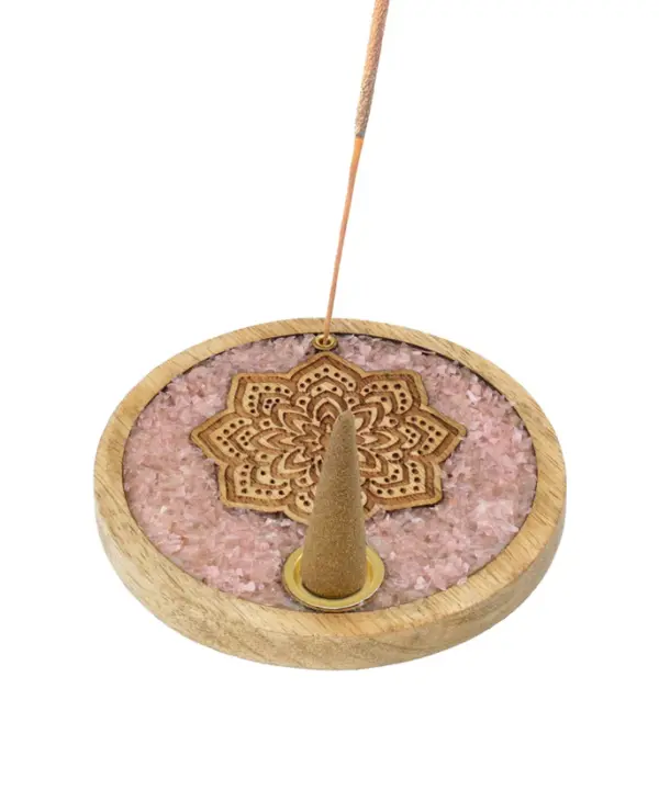 Porta varillas y conos de incienso mandala de cuarzo rosa y madera de mango
